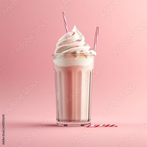 a drink with whipped cream and candy canes on a pink background