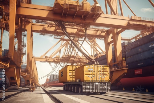Container ship at the berth in cargo terminal of the port under loading. Port cranes load containers, a special vehicle delivers containers. International freight shipping concept. 3D illustration.