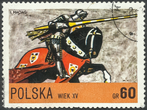 Polish postage stamp from 1972: Polish cavalry, 15th-century horseman.