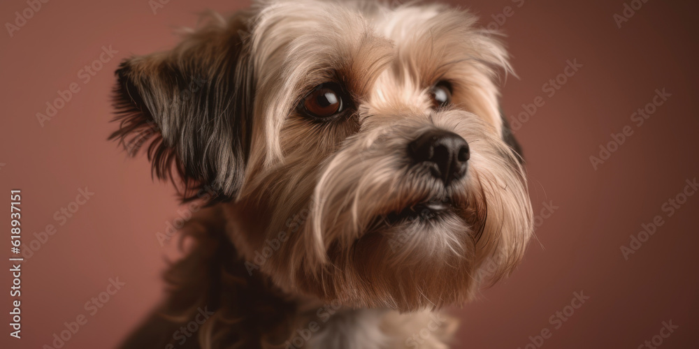 Soft-colored backdrop complements the lovable dog in studio portrait. AI Generated