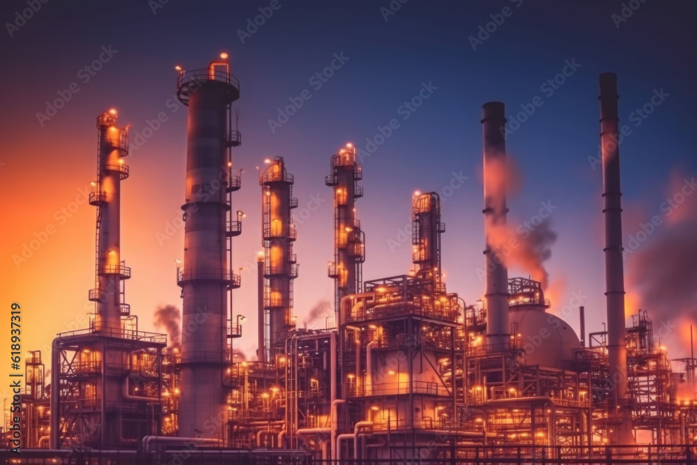 Oil refinery plant. Tower column of petrochemistry industry. Oil and gas industry. Generative AI