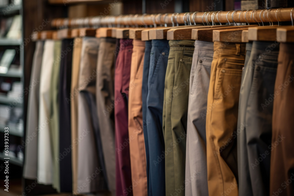 Trousers on hangers in a clothing store. Pants store, new clothes during shopping. Generative AI Trousers on hangers in a clothing store. Pants store, new clothes during shopping. Generative AI