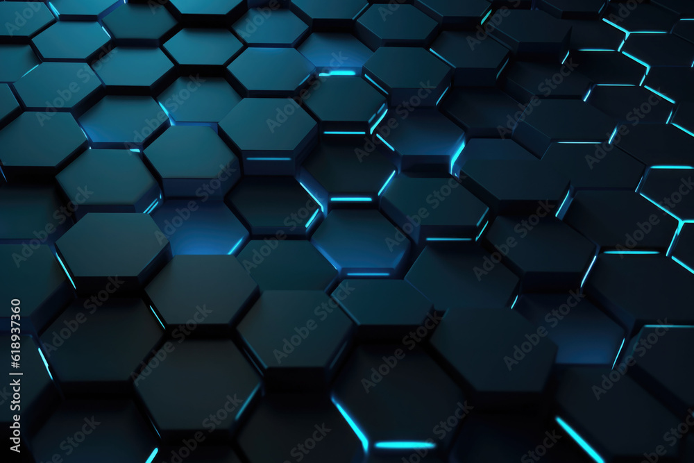 Dark hexagon abstract technology background with colored bright flashes. Generative AI