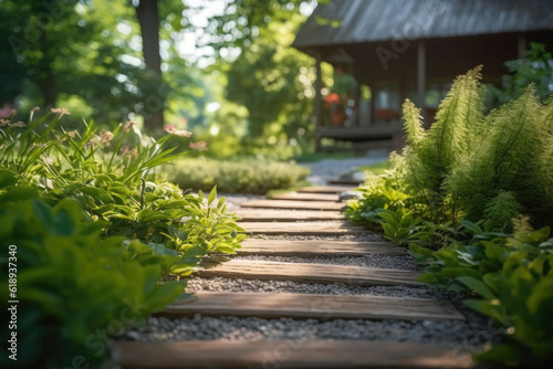 Wooden path in garden leading to cottage. Generative AI © barmaleeva