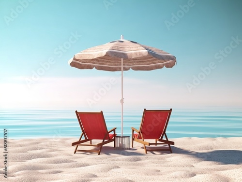 Umbrella and two chairs on the beach 3D illustration  summer vibes AI Generative 