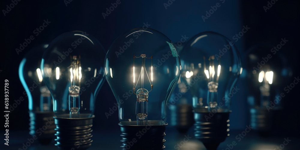 Fototapeta premium Light bulbs on dark blue background. AI Generated