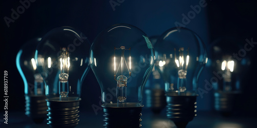 Light bulbs on dark blue background. AI Generated