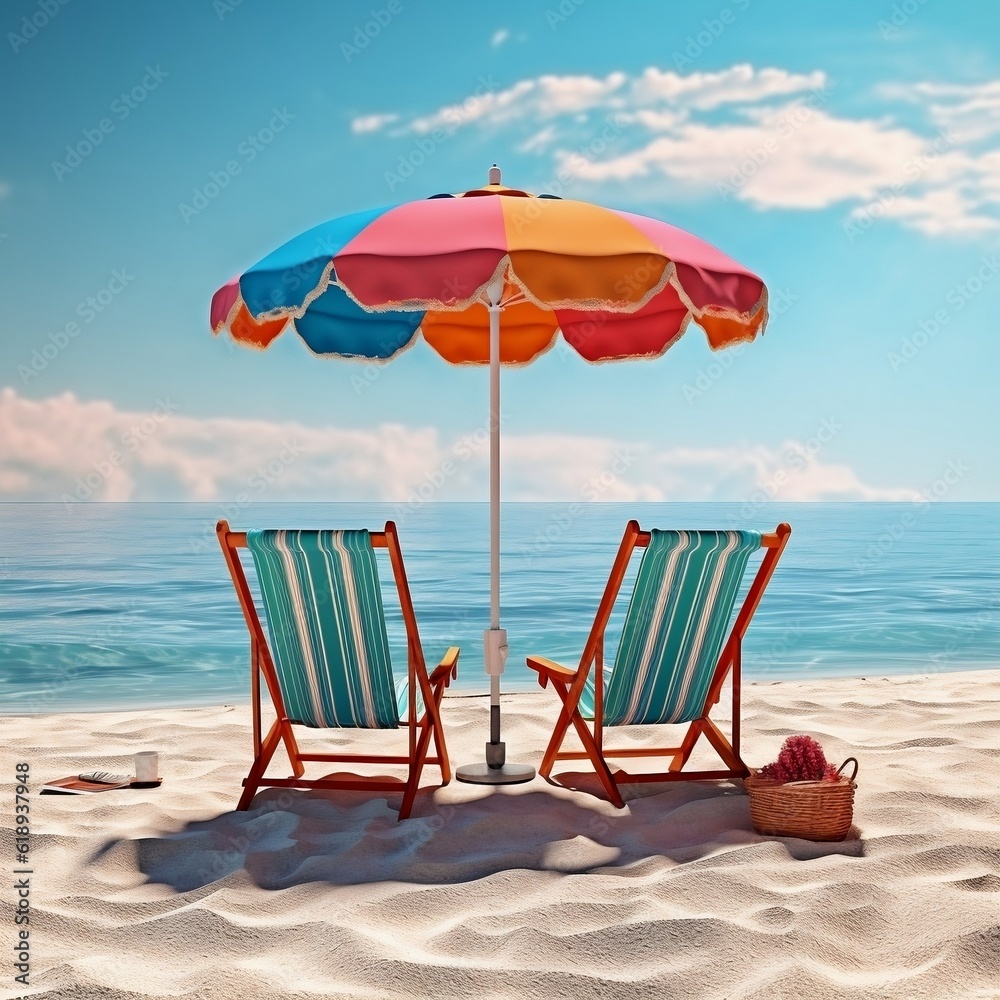 Umbrella and two chairs on the beach 3D illustration, summer vibes,AI Generative 