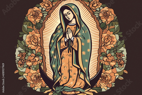 Animated illustration of Virgin of Guadalupe. AI Generated photo