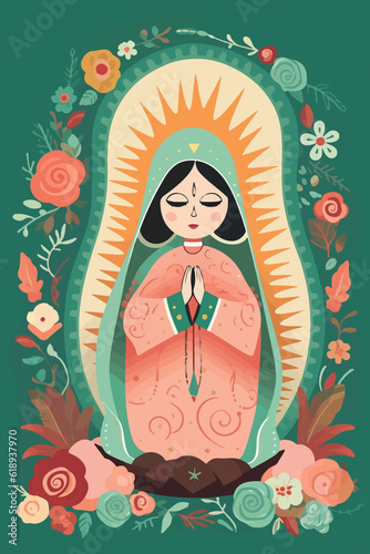 Animated illustration of Virgin of Guadalupe. AI Generated