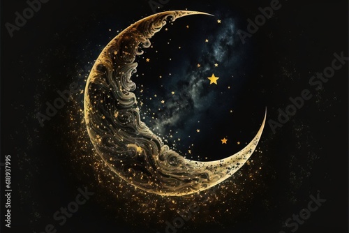 a crescent moon with stars in the night sky above the clouds and a star in the sky above the moon is a gold and black background with gold stars and a dark sky with a.