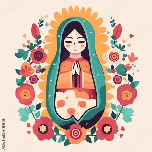 Vibrant animation featuring Virgin of Guadalupe. AI Generated