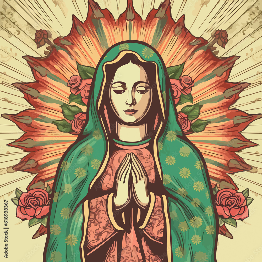Fototapeta premium Illustration of Virgen de Guadalupe. AI Generated