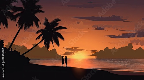 A beach scene with a couple enjoying a romantic sunset. Generative AI