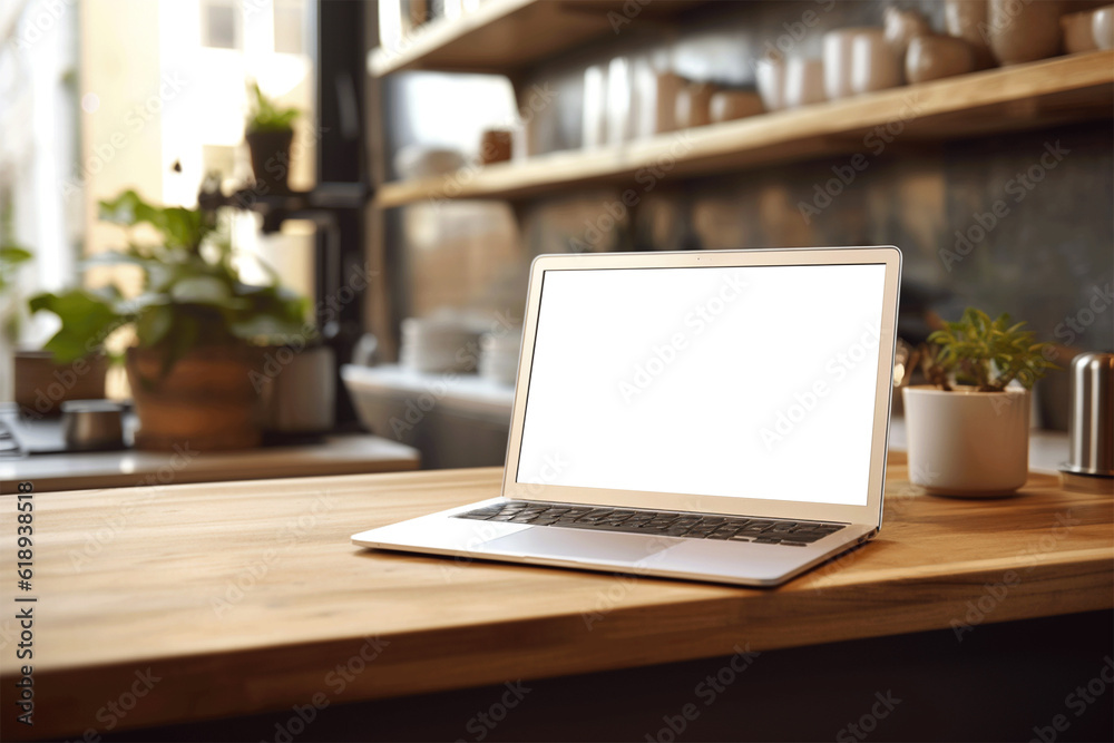 Laptop with blank screen on Wood table, screen isolate on transparent Laptop with blank screen on Wood table, screen isolate on transparent