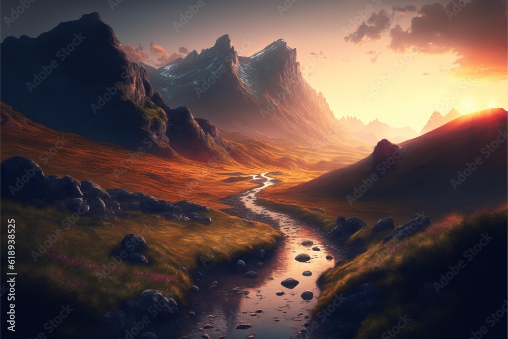 a painting of a stream running through a mountain valley with a sunset in the background and a mountain range in the foreground with rocks and grass on either side of the stream, and.