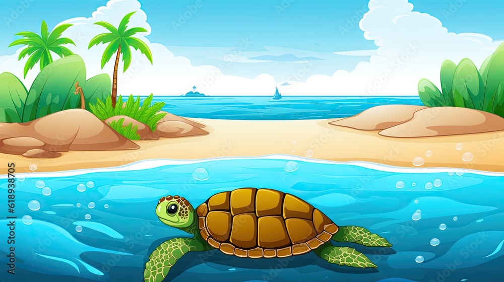A beach scene with a sea turtle swimming in the water. Generative AI