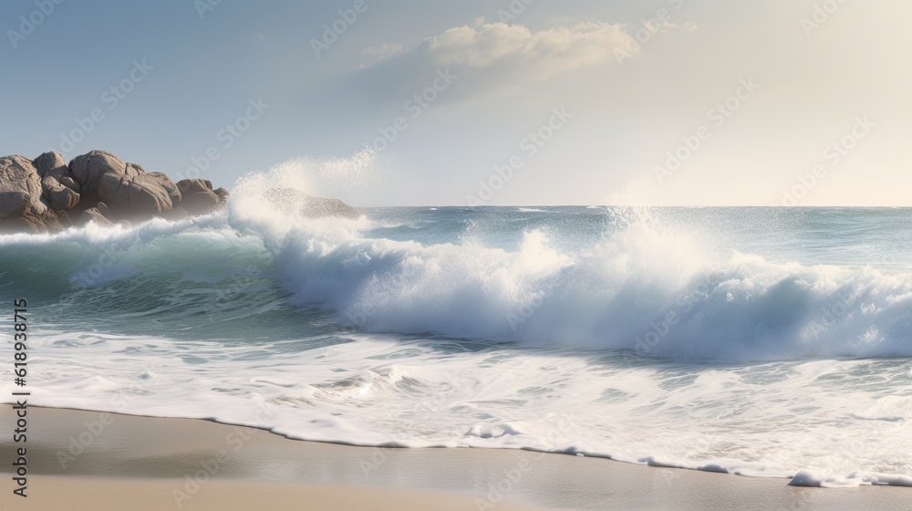 A beach scene with waves crashing on the shore. Generative AI
