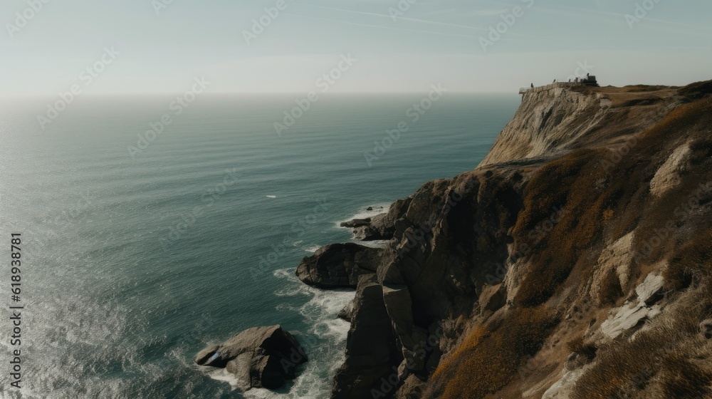 A cliff with a view of the ocean. Generative AI