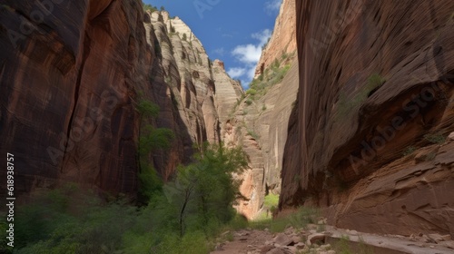 A canyon with steep rock walls. Generative AI