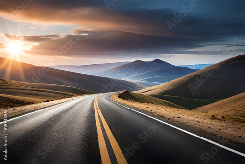 The road between beautiful hills, mountains, snow, and desert, Created with AI © SardarMuhammad
