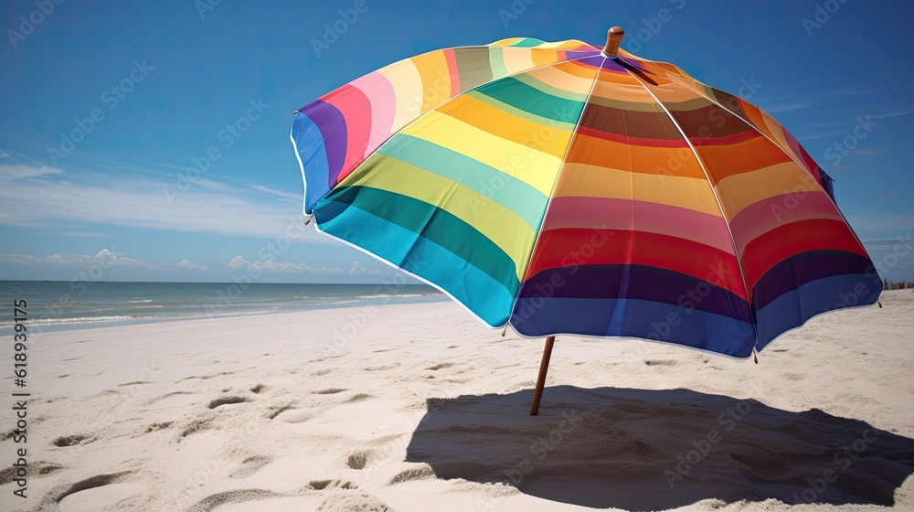 A colorful beach umbrella on a sandy beach. Generative AI