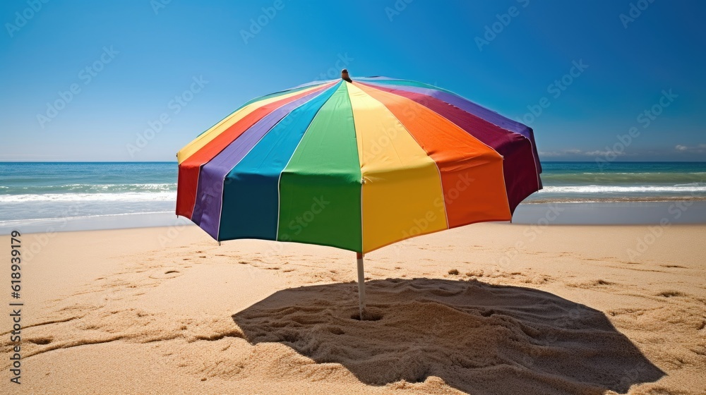 A colorful beach umbrella on a sandy beach. Generative AI