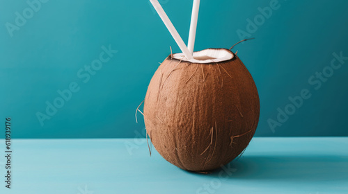 A coconut with a straw sticking out. Generative AI