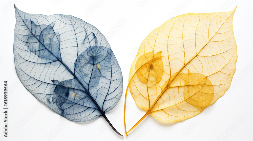 blue and yellow leaf skeletons on white background,  Created using generative AI tools.