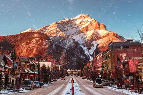 Banff avenue street view in winter during sunset © Martin