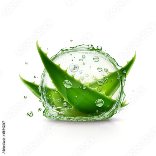 The original composition is of aloe leaves and healing moisture on a white background. A pure, juicy gift of nature to humanity. Gel texture Aloe Vera cosmetic with bubbles. Generative AI