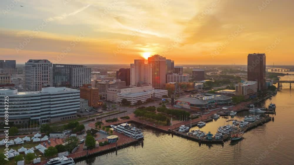 Norfolk, Virginia, USA downtown city skyline from over the Elizabeth River