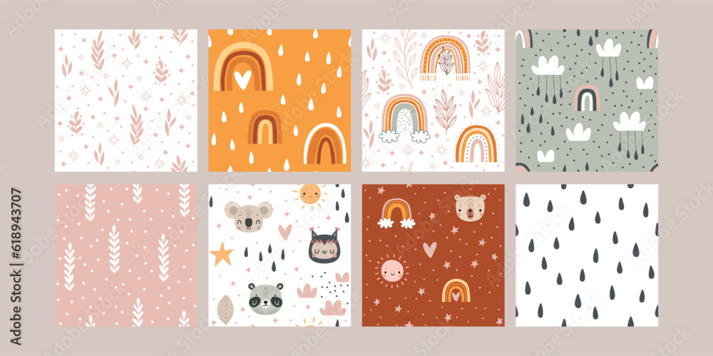 Set of seamless Boho patterns with rainbows, animals, plants and other elements. Cute hand drawn background. Set of seamless Boho patterns with rainbows, animals, plants and other elements. Cute hand drawn background.