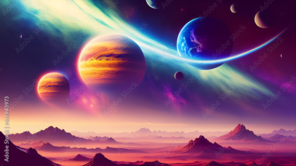 a surrealistic sky full of planets, fantasy, science fiction landscapes