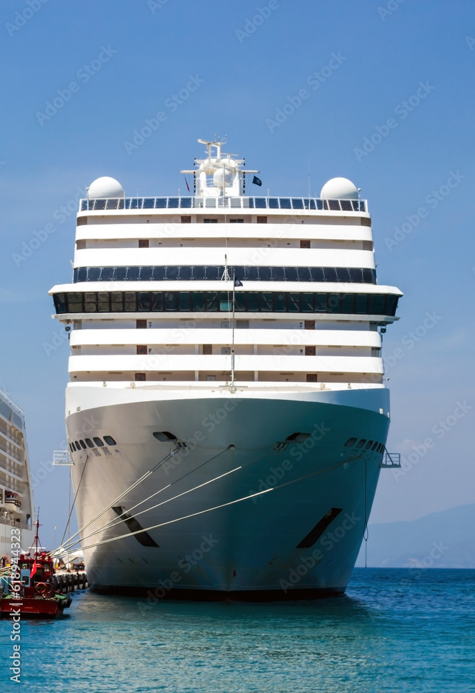 Large and luxury cruise ship is moored at port,front view and close up taken
