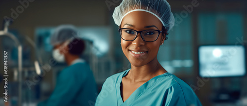 An African American surgeon displays her happiness with a wide smile in the operating room of the hospital after successfully completing a challenging surgery. copy space