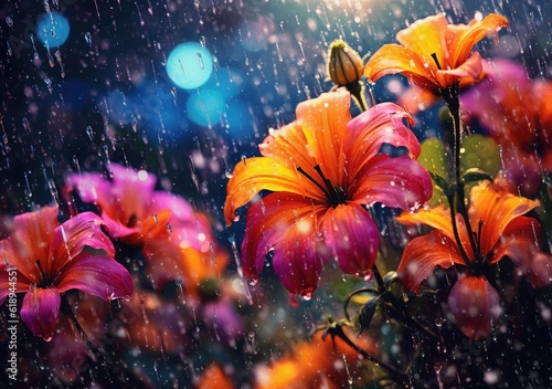 A canopy of vibrant flowers blooming under the rain. Poster. Generative ai. photo