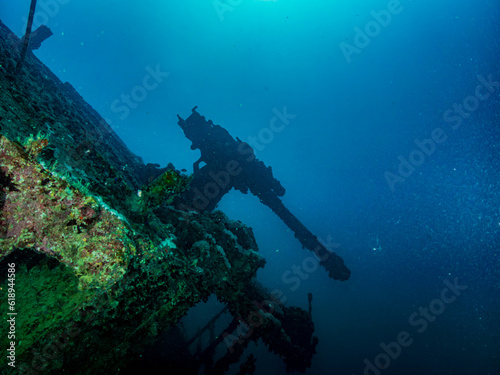 Anti-aircraft machine gun on the ship wreck of the SS Thistlegorm in the Red Sea, Egypt.  Underwater photography and travel.