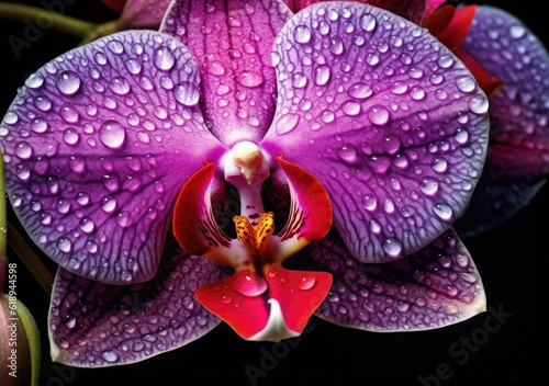 A close-up shot of raindrops on a vibrant orchid. Poster. Generative ai.