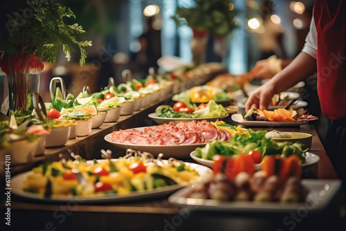 A buffet line filled with a delicious variety of food at a catering event