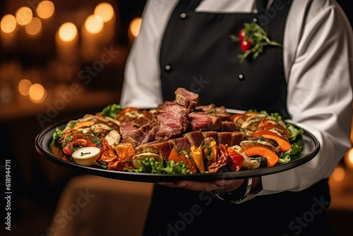 A man holding a platter of deliciously prepared meat and vegetables for a catering event