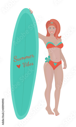 Redhead woman with a sailboard colorful illustration