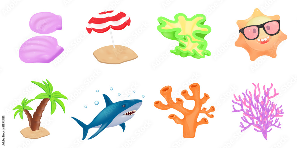 Summer 3d realistic render vector icon set. Corals, shark, beach umbrella, palm tree, sun, seashells