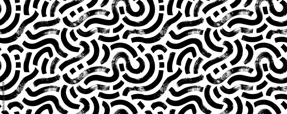 Bold line doodle seamless pattern. Creative minimalist style art background for children or trendy design with basic shapes. Curved bold brush strokes ornament. Trendy texture design with squiggles.