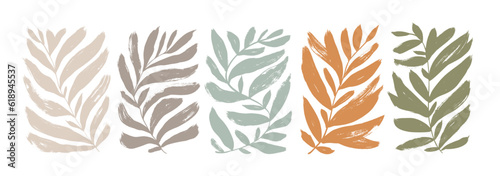 Matisse inspired contemporary plant shapes in neutral colors. Brush drawn branches with long leaves and curved stems. Modern Matisse style. Hand drawn abstract vector palm leaf in rectangle shapes.