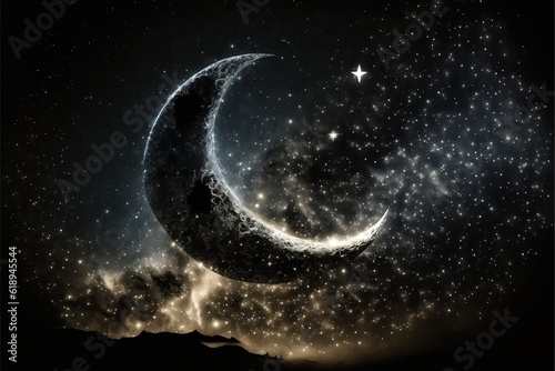 a crescent and a star in the sky with a night sky in the background with stars and a crescent in the middle of the night sky with a star in the middle of the middle.