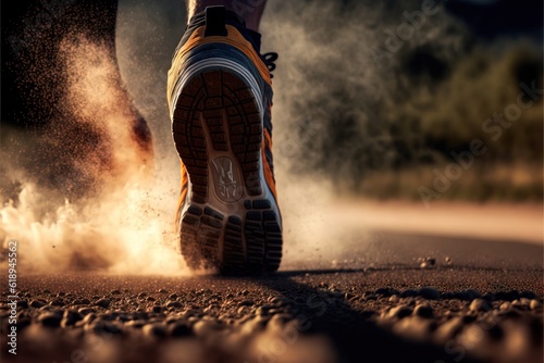 a close up of a person's feet running on a road with dust coming out of the ground and trees in the background, with a blurry sky in the foreground,.