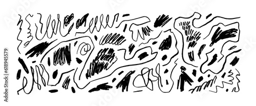 Collection various scribble lines and doodles. Hand drawn pencil curved lines, crayon drawing. Charcoal abstract elements with scratches. Vector squiggles, marker scribbles.