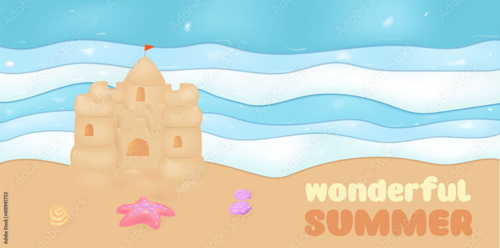 3D beach background, vector cartoon ocean tropical landscape, sand castle. Sunny beach background with rivers and starfish.