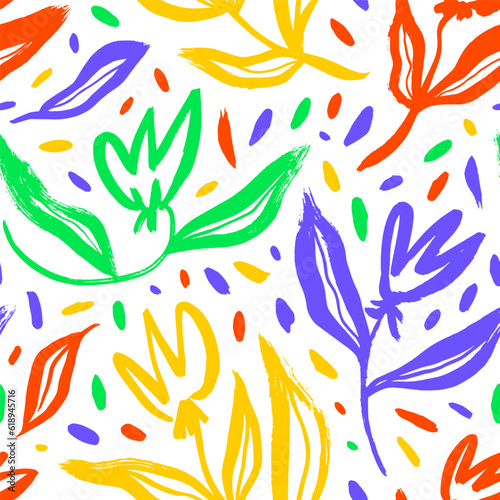 Seamless multi colored floral pattern with tulips, leaves and dots. Brush drawn flower silhouettes in folk or childish style. Hand drawn abstract botanical shapes pattern. Black paint illustration.